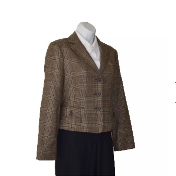 BCBG MAXAZRIA Plaid Wool Mahogany Elbow Patch Flap Pockets Blazer - Picture 3 of 10